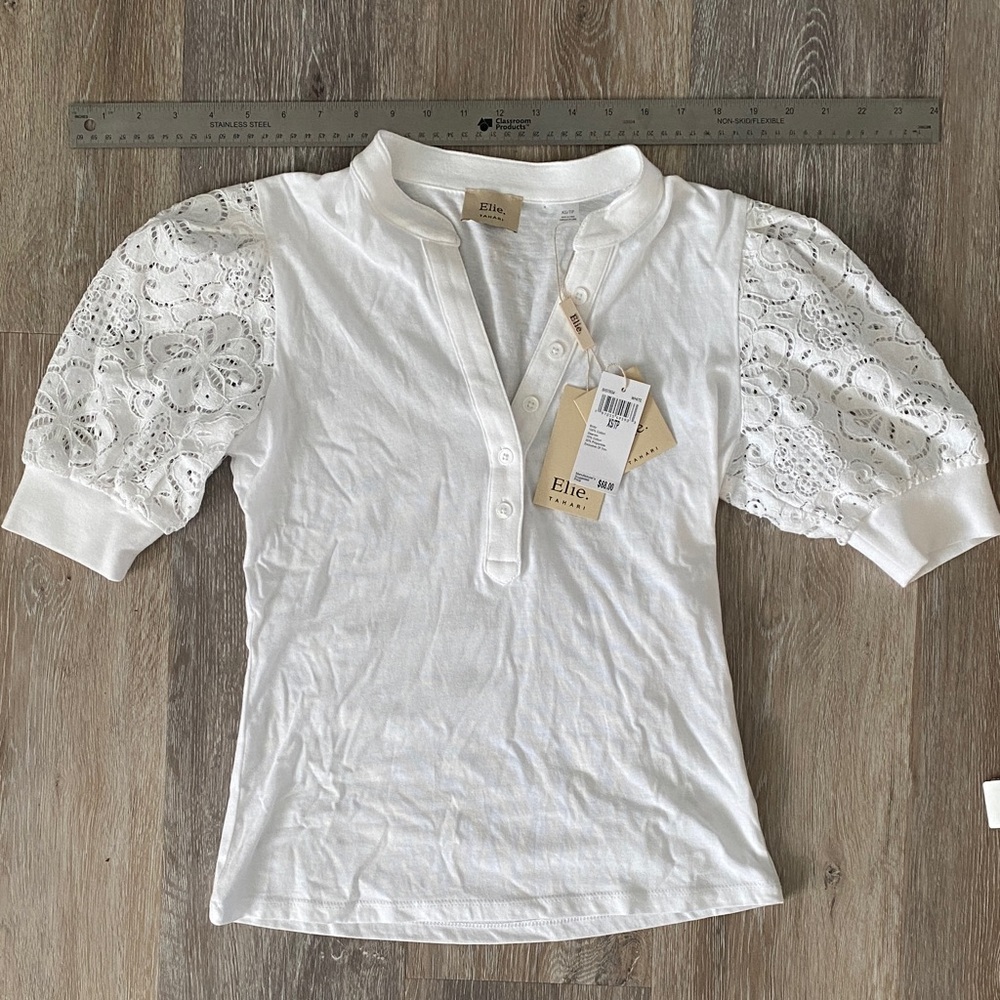 Elie Tahari Ivory Lace Sleeve Blouse